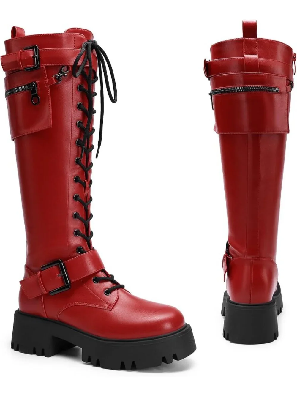 Dream Pairs Women's Red Round Toe Lace Up Inside Zipper Knee High Combat Boots